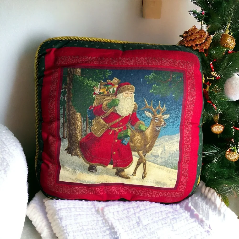 Old World Santa Claus Throw Pillow Christmas Reindeer Gifts Winter 15” x 15”